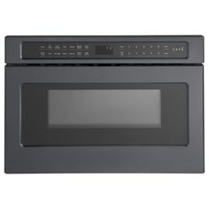 a black microwave oven with the door open and electronic controls on it's side