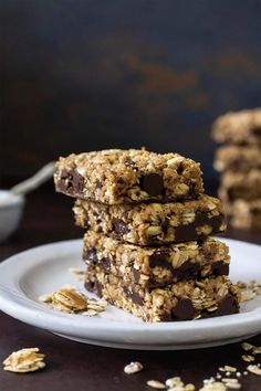 three chocolate chip granola bars stacked on top of each other