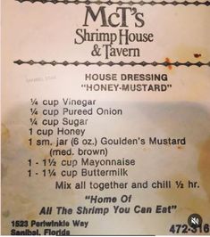 the menu for mct's shrimp house and tavern, which is located in an old