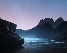 an alien landscape at night with mountains in the back ground and water on the floor