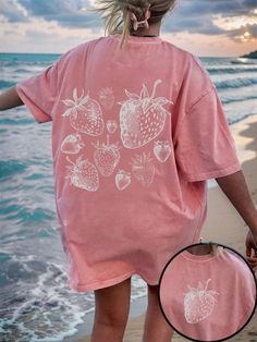 Dusty Pink Casual Collar Short Sleeve Knitted Fabric Heart,All Over Print  Embellished Slight Stretch  Women Plus Clothing Rosa Coral, Cropped Leather Jacket, Strawberry Print, Womens Tops Summer, Photo Instagram, Kids Beachwear, Oversized Tshirt, Casual T Shirts, Dusty Pink