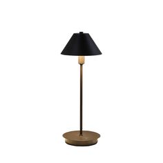 a lamp that is on top of a wooden base and has a black shade over it