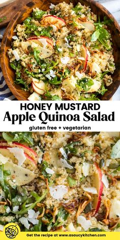 an apple quinoa salad in a wooden bowl with text overlay that reads, honey mustard apple quinoa salad