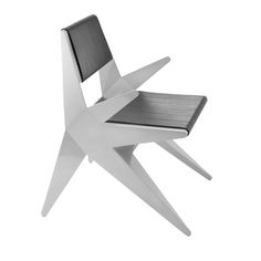 a white chair with black leather seat and backrest on a white background, it appears to be in the shape of a star