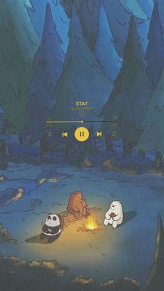 two cartoon characters sitting around a campfire in the woods at night, with trees and mountains in the background