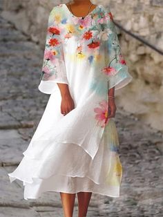 Double Layer Contrast Floral Dress – INNSLANE Multicolor Bohemian Boho Dress For Spring, Multicolor Bohemian Dress For Spring, Bohemian Multicolor Maxi Dress For Spring, Spring White Bohemian Maxi Dress, White Bohemian Boho Dress For Spring, Spring Bohemian White Maxi Dress, White Bohemian Spring Dress, Spring Boho Dress In Multicolor Free Size, Multicolor Free Size Boho Dress For Spring