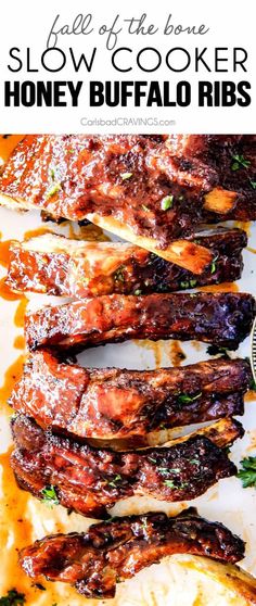 slow cooker honey buffalo ribs on a white plate with text overlay that reads fall of the bone slow cooker honey buffalo ribs