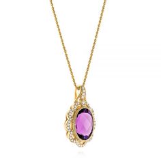 105426 14k Yellow Gold Pendant   Amethyst - 3.2 ctw   48 Diamonds   Clarity: SI, Color: H-I   Chain 18''. This dazzling pendant features an oval amethyst, bezel set in yellow gold, and accented by a stylized halo of small, round diamonds along with delicate milgrain beading. It's a design that draws heavily on vintage-style themes, and it can serve as a wonderful inspiration for your own custom design as well. Design Your Own Pendant      Whether you want to model your unique piece largely on th Elegant Purple Oval Pendant Necklace, Elegant Oval Amethyst Pendant Jewelry, Style Themes, Well Design, Yellow Gold Pendants, Diamond Clarity, Bezel Setting, Diamond Pendant, Gold Pendant