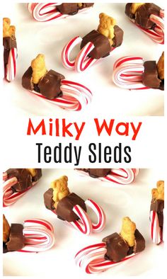 two pictures with candy bars on them and the words, milky way teddy sleds