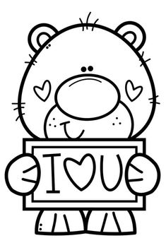 a black and white drawing of a bear holding a sign with the word love on it