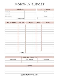 Monthly budget worksheet template with sections for income, expenses, bills, due dates, amounts, payments, notes, and a monthly summary. Free Printable Budget Sheets, Budget Binder Free Printables, Monthly Paycheck Budget, Budget Free Printables, Budget Binder Free, Budget Binder Ideas, Paycheck Planner, Printable Budget Sheets, Saving Jar