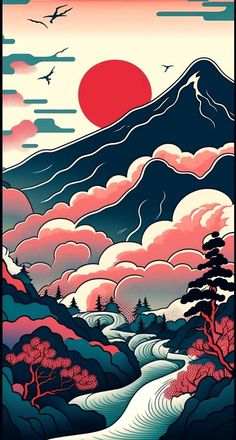 a poster with mountains, trees and birds flying in the sky at sunset or sunrise