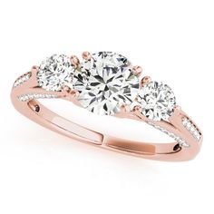 This 3-stone ring features 3/4 ctw. of sparkling diamonds. A 1.00 ct. or larger round shape stone can be set in this ring. Moissanite Three-stone Diamond Ring, Elegant Rose Gold Three Stone Diamond Ring, Elegant Rose Gold Three-stone Diamond Ring, Moissanite Three-stone Diamond Promise Ring, Moissanite Three Stone Diamond Ring, Round Three-stone Moissanite Diamond Ring, Diamond White Three Stone Round Cut Wedding Ring, Diamond White Diamond Ring With Side Stones, Diamond White Ring With Side Stones