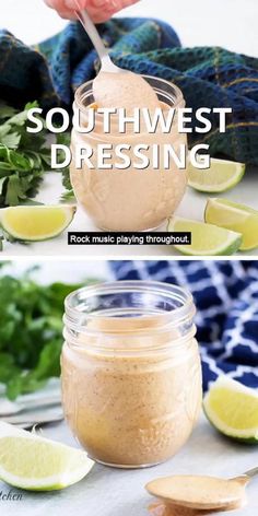 two images showing how to make southwest dressing in mason jars with limes and cilantro