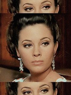 three different pictures of a woman with big eyes and short hair, one has large earrings on her head