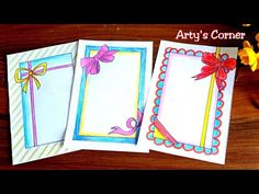 three cards with bows and ribbons on them, one has a card in the middle