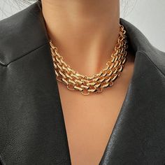 Editor's Notes: Build your inner '70s icon with this chunky chain necklace. A statement maker that matches well with your essentials like open-neck silk blouse or simple white tee. It is the absolutely eye-catching part when you wear a minimalist outfit. Available in two style designs: Bib Collar Geometric Shape Material: Iron (Gold or Silver finish) Chunky Choker, Thick Choker Necklace, Thick Chain Necklace, Chain Types, Layered Choker Necklace, Dior Necklace, Statement Fashion, Chunky Chain Necklaces, Layered Chokers