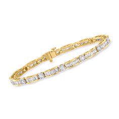 Ross-Simons - 3.45ct t. w. Baguette, Round Diamond Bracelet Over Sterling. 8". Our stunning bracelet features 3.45 ct. t. w. baguette and round brilliant-cut diamonds in white rhodium that exude the most elegant sparkle possible. Shining in 18kt yellow gold over sterling silver. Single-latch safety. Push-button clasp, diamond bracelet. Diamond birthstones are the perfect gift for April birthdays. Round Diamond Bracelet, Bracelet Diamond, Diamond Birthstone, Natural Gold, Fine Jewelry Bracelets, Baguette Diamond, Diamond Bracelets, Round Brilliant Cut Diamond, Brilliant Cut Diamond