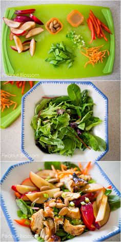 three different plates with food on them, one is green and the other is red