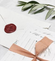 an envelope with a wax stamp on it next to some papers and a leafy branch