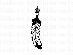 a black and white drawing of a feather hanging from a hook on a string with the word