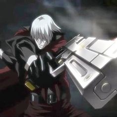 an anime character holding a large metal object