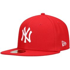 the new york yankees red and white 59fifty fitted hat is on display