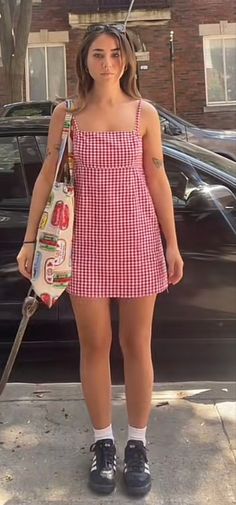 Red Gingham Dress Outfit, 90s Denim Dress Outfit, Gingham Dress Aesthetic, Summer 2025 Outfits, Gingham Dress Outfit Summer, Ashe Concert, Seaside Outfits, Tokyo Summer Outfits, College Summer Outfit