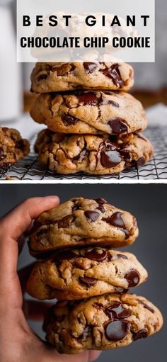 chocolate chip cookies stacked on top of each other with the words best giant chocolate chip cookies