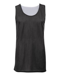 a women's black and white tank top with polka dots on the front,