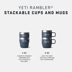 the yeti rambler coffee cup and mugs are shown in three different sizes