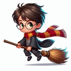 a young boy dressed as harry potter flying with a broom in his hand and wearing glasses