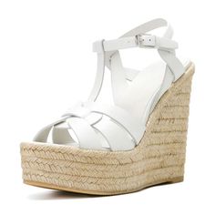 Shop White Summer Woven Straw T-Strap Wedge Sandals with Buckle Slingbacks color White for Beach, Dancing Club, Going out, Music Festival, Party, Work with worldwide Free shipping & Free return. T Strap Shoes, Women Platform Sandals, White Sandals Heels, White Rope, Strap Wedge, Womens Summer Shoes, Platform Sandals Heels, Open Toe Shoes, Wedge Heel Sandals