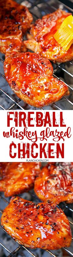 grilled chicken with bbq sauce on top and the words fire ball written in red