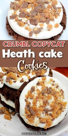 Brownies like cookies with frosting and heath bar crunch topping with Pinterest overlay. Heath Cake, Heath Cookies, Copycat Cookies, Heath Toffee, Crumbl Copycat, Crumble Cookie Recipe, Toffee Crunch, The Perfect Cookie, Cookie Bakery