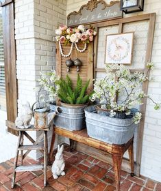 Easter Front Porch Decor Georgia Farmhouse, Winter Decor Ideas For The Home, Farmhouse Entryway Table, White Farmhouse Exterior, Small Entryway Table, Rustic Entryway Table