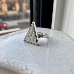 Never Worn 3d Art Deco Triangle Ring With Alligator Insets +Shiny Silver Metal +Pearlised Alligator Scrap Insert *Part Of Set* Made In Usa Minimalist Silver Enamel Jewelry, Formal White Metal Rings, Unique White Enamel Jewelry, Minimalist White Metal Ring, Minimalist White Metal Rings, 3d Printed Art, 3d Printing Art, Triangle Ring, Printed Art