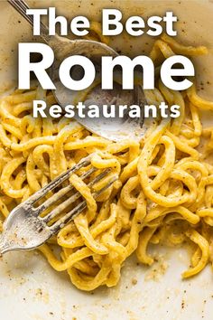 the best rome restaurants for pasta and spaghetti sauce on a white plate with a fork in it