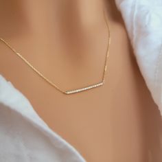 14k Gold Diamond Bar Necklace, Pave Diamond Bar Necklace, Women Necklace, Diamond Pendant, 14k Diamond Line Choker, Minimalist Fine Pendant  Details:  - Gold Purity: 14K - Available Gold Color: Rose Gold, Yellow Gold, White Gold - Gold Bar length: 20MM - Number of Diamonds : 17  - Total CTW: 0.11  - Diamond Color-Clarity: G Color / SI Clarity - Chain Style: Cable  21 - Day Return Policy Free US Insured Shipping **Return & Exchange Policy** We want you to be completely satisfied with your purchas Minimalist Bar Necklace With Delicate Chain For Anniversary, Minimalist Anniversary Bar Necklace With Delicate Chain, Minimalist 14k Gold Bar Necklace For Anniversary, Minimalist Delicate Chain Bar Necklace For Anniversary, Minimalist Yellow Gold Bar Necklace For Anniversary, 14k Gold Bar Necklace For Anniversary, Minimalist White Gold Bar Necklace For Anniversary, Minimalist Yellow Gold Bar Necklace For Formal Occasions, 14k Gold Bar Necklace With Cable Chain As Gift