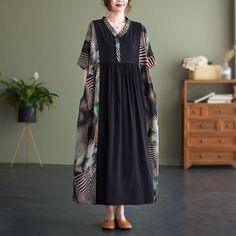 Sku CY-!119110 Material Cotton Style Loose Feature Splicing Neckline V-Neck Occasion Going out , Casual , Vintage Seasons Spring, Summer, Autumn Type Maxi Dress Color Black Size One size Size Chart: Please consult the size chart we provide for this item's measurements to help you decide which size to buy. Please note: There may be 1-3cm differ due to manual measurement. CM Bust Sleeve Length One size 132 39 122 Black Patchwork V-neck Dress, Casual V-neck Splicing Dress, Casual V-neck Dress With Splicing, Vintage Long Dress, Contrast Design, Short Sleeve Maxi Dress, Maxi Dress Collection, Short Sleeve Maxi Dresses, Cotton Dress Summer