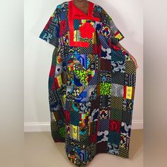 New Without Tags Handmade African Print Ankara Multicolor Patchwork Mixed Print Colorful Kaftan Maxi Dress Handmade 100% Cotton One Size Fits All Length 59” Multicolor Patchwork Kimono For The Beach, Multicolor Patchwork Kimono For Beach, Multicolor Patchwork Beach Kimono, Beach Patchwork Multicolor Kimono, Traditional Multicolor V-neck Kimono, Multicolor Patchwork Kaftan With Kimono Sleeves, Multicolor V-neck Kaftan With Batik Print, Multicolor Patchwork Kimono With Kimono Sleeves, Long Multicolor Patchwork Kaftan