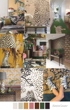 a collage of photos with different animal prints and colors on the walls, including leopard print