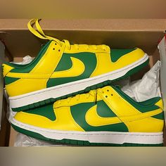 Brand New Never Worn Size Men 10.5/ Women’s 12 Nike Dunk In The Reverse Brazil Colorway. Comes In Og Box That Has Slight Damage Shown In The Pics. Reverse Brazil Dunks, Brazil Dunks, Brazil Colors, Yellow Shoes, Nike Dunk, Nike Dunks, Shoe Collection, Nike Men, Nike Shoes