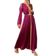 Inspired by the fashions of the Middle East, our Elegant Satin Kaftan Dress is a dreamy piece perfect for formal occasions. Made with a luxurious silky satin fabric, this dress features tasseled shoulder embellishments, a beautifully gathered full-length skirt, and a dainty waist tie. Wear with gold heels and matching jewelry for a fabulous look. Festive V-neck Dress With Tassels, Party Dress With Tassels For Eid, Party Dresses With Tassels For Eid, Tassel Dress For Eid Party, Festive Long Sleeve Dress With Tassels, Festive Tasseled Maxi Dress, Long Festive Dress With Tassels, Long Festive Dresses With Tassels, Festive Long Dress With Tassels