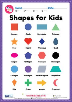 shapes for kids poster with the names and colors on it's front page,