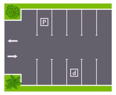 an overhead view of a parking lot with arrows pointing in opposite directions and trees on the other side