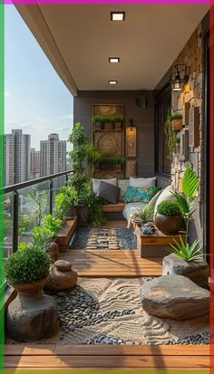 the balcony is decorated with plants and rocks