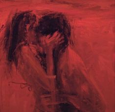 an abstract painting of two people embracing each other in red and black colors, with one woman's face obscured by her hands