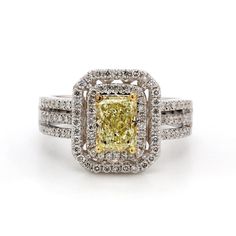 Ninacci 18K White Gold Double Halo Triple Shank Ring with GIA Certified Fancy Light Yellow Radiant-cut Diamond - 1.10 Carats Center Diamond Weight - Size 6.5 Yellow Platinum Diamond Ring With Diamond Cut, Yellow Diamond Cut Platinum Ring, Elegant Yellow Emerald Cut Diamond Ring, Elegant Yellow Emerald-cut Diamond Ring, Gia Certified Radiant Cut Ring For Formal Occasions, Gia Certified Radiant Cut Ring For Formal Events, Luxury Gia Certified Radiant Cut Jewelry, Yellow Brilliant Cut Platinum Ring, Gia Certified Luxury Yellow Gold Halo Ring