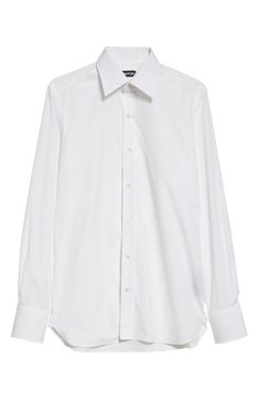 The label's knack for elevating everyday essentials is manifested in this classic button-up shirt tailored in a slim fit from crisp cotton poplin. Front button closure Point collar Long sleeves with two-button cuffs 100% cotton Dry clean or machine wash, line dry Made in Italy Designer Clothing White Shirt Button Up, Men’s Dress Shirt, White Button Down Shirt Men, White Shirt Men Casual, Timeless Business Shirt, White Button Up Shirt Men, White Long Sleeve Button Up, White Satin Dress Shirt, Classic Dress Shirt With Button Cuffs For Business Casual